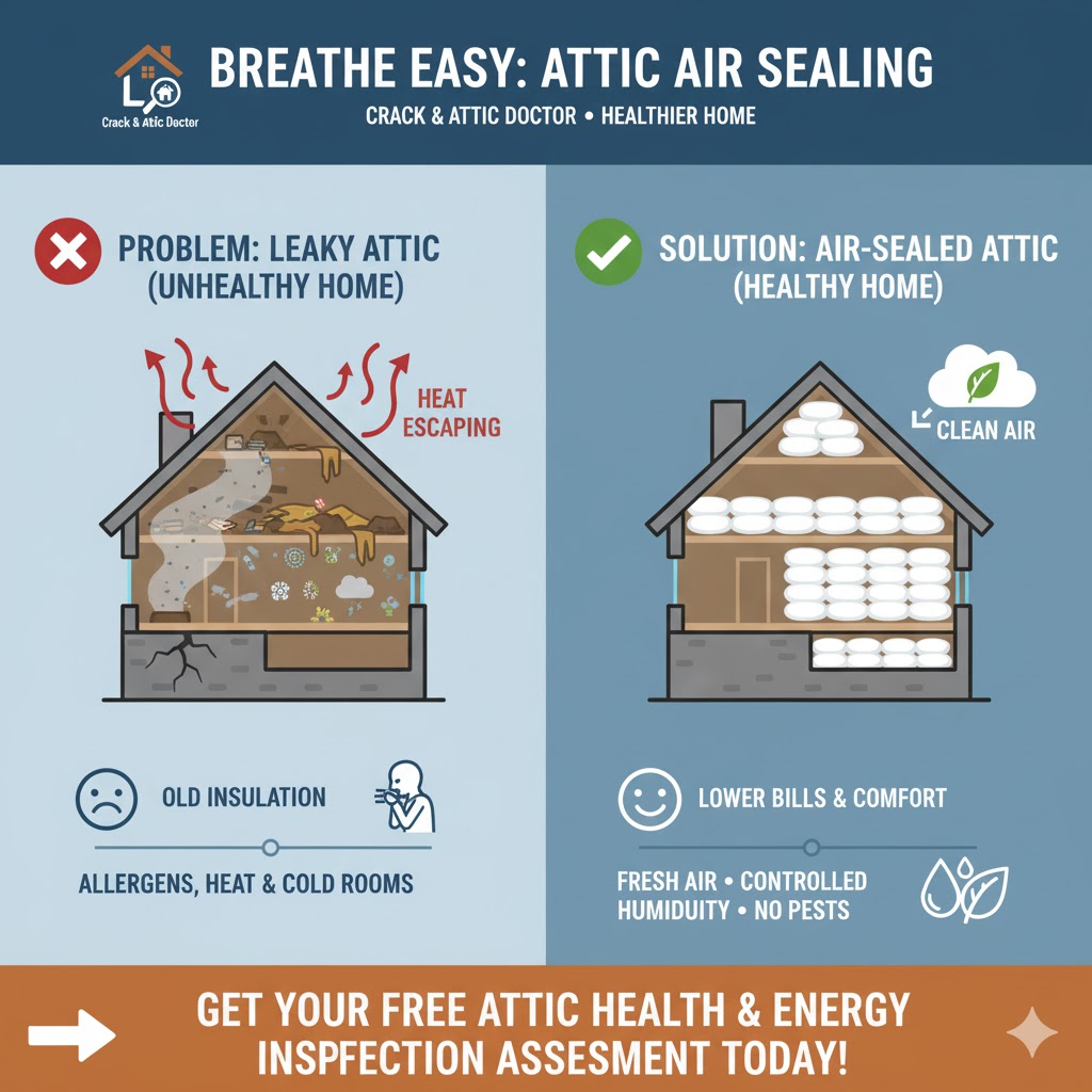 Technician performing attic air sealing to improve indoor air quality and prevent mold, by Crack & Attic Doctor in a Calgary home.