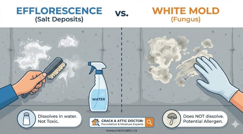 Efflorescence or Mold? Identifying White Powdery Spots on Your Foundation Walls