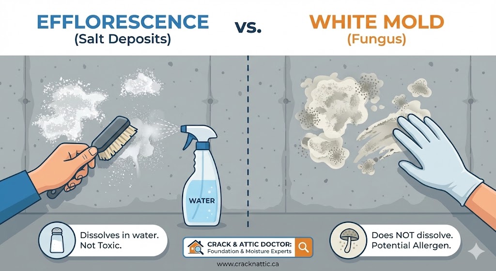 Efflorescence or Mold? Identifying White Powdery Spots on Your Foundation Walls
