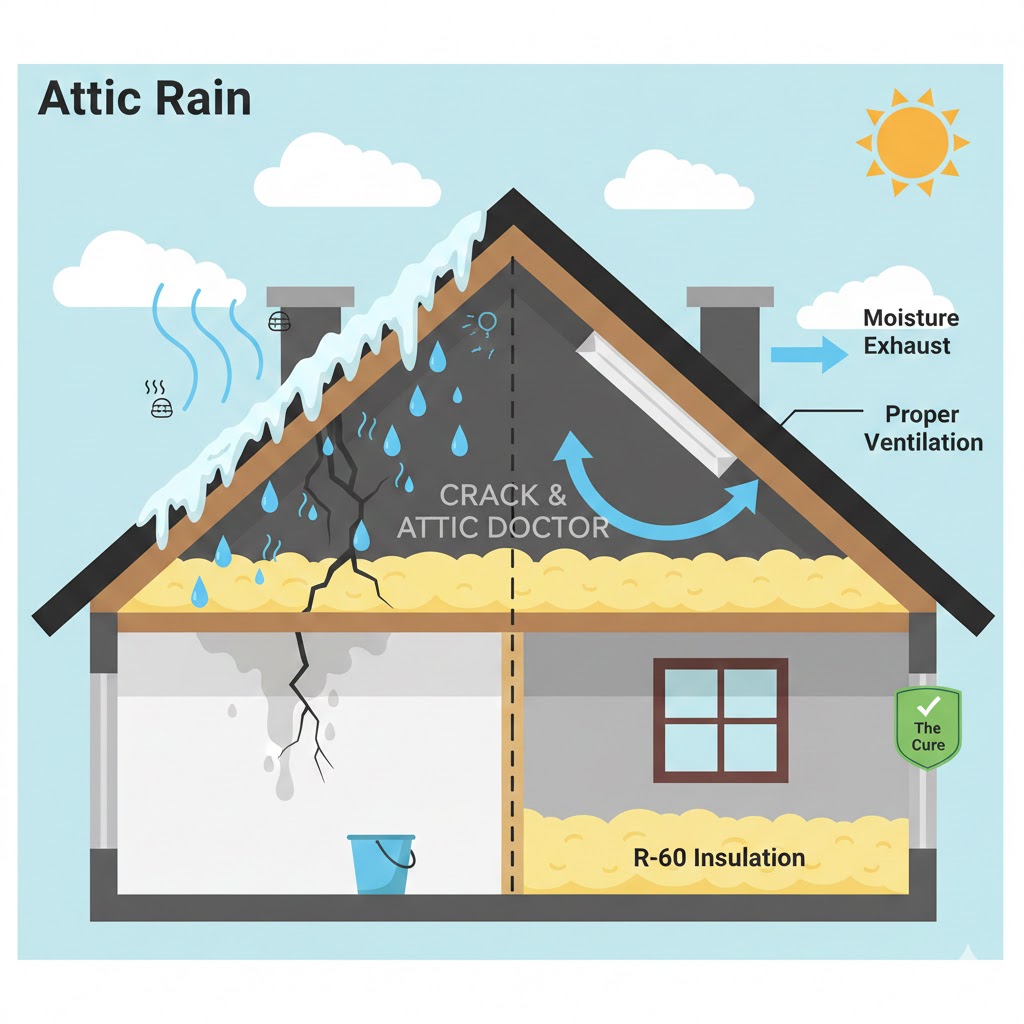 Frost buildup on roof sheathing inside a Calgary attic causing attic rain.