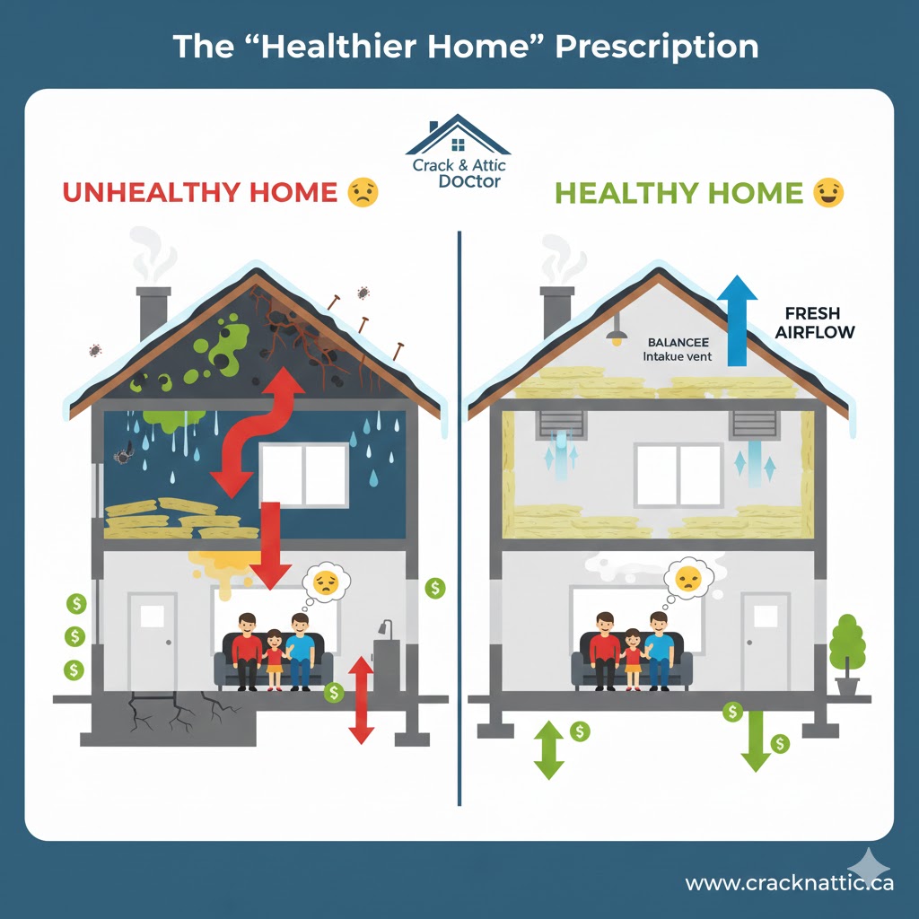 Infographic showing how attic ventilation improves home equity and air quality.