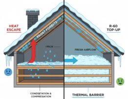 Technician performing an attic insulation top-up to R-60 standards in a Calgary home.