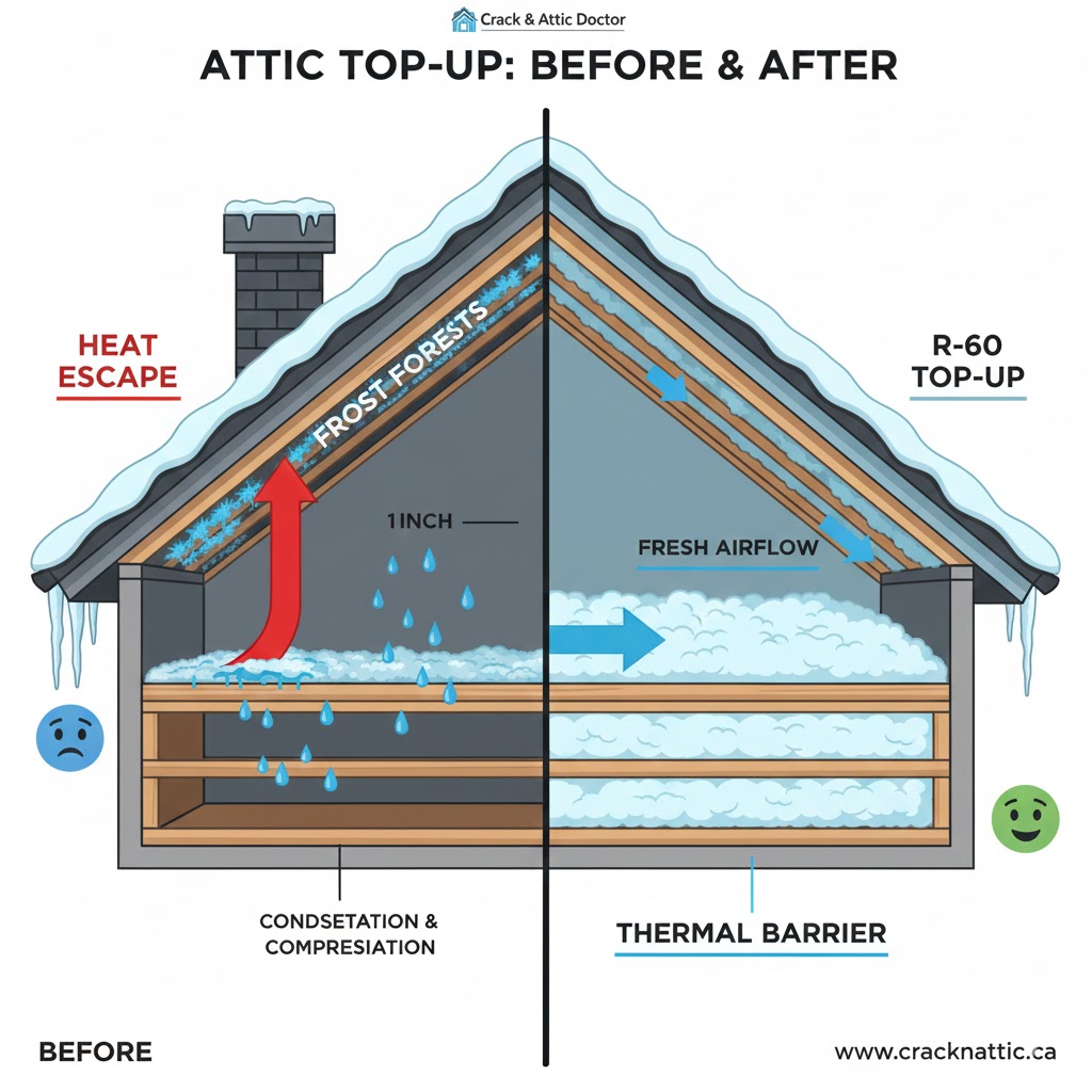 Technician performing an attic insulation top-up to R-60 standards in a Calgary home.