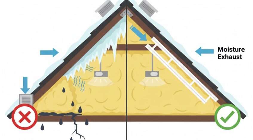 Wet attic insulation caused by poor ventilation and air leaks in a Calgary home