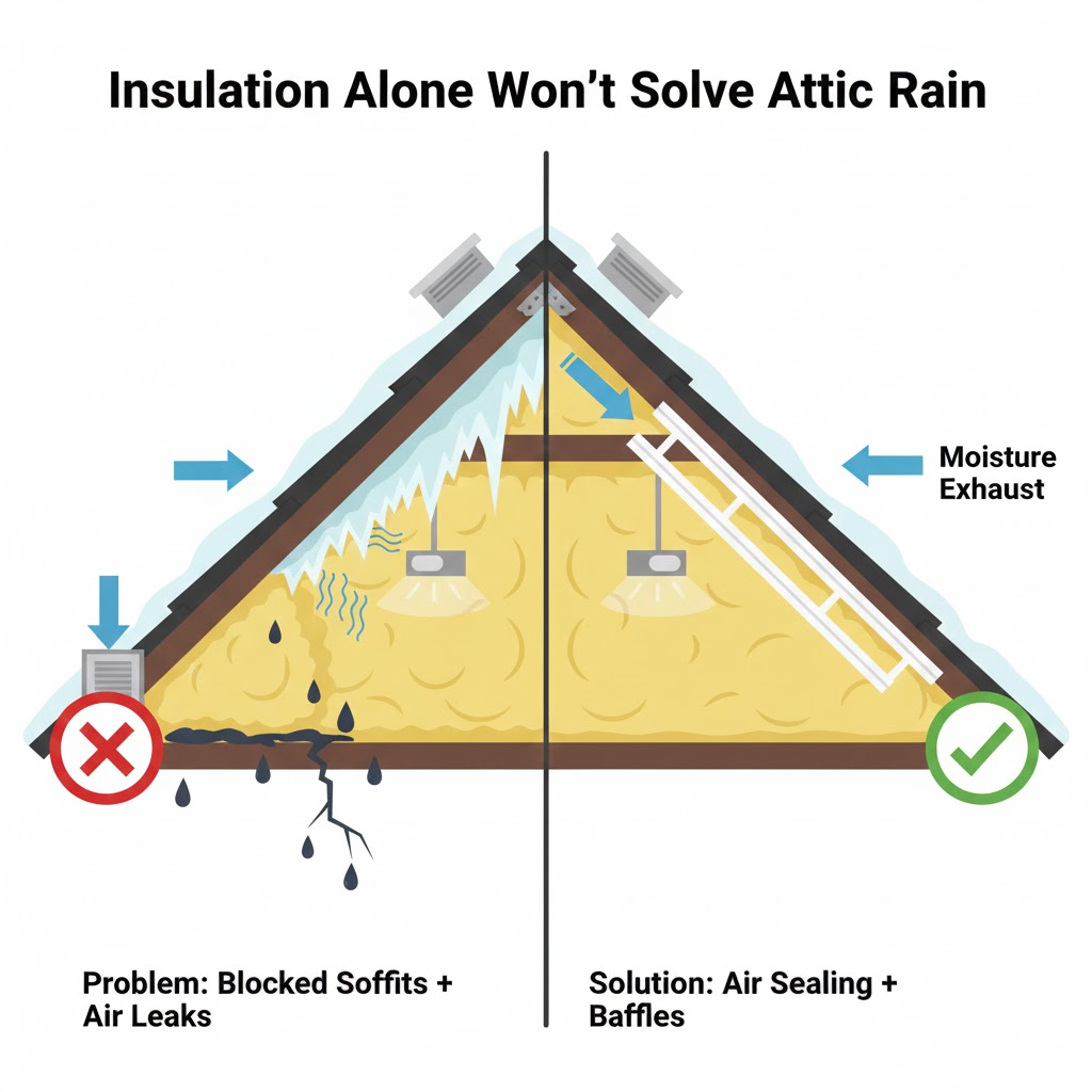 Wet attic insulation caused by poor ventilation and air leaks in a Calgary home