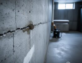 Horizontal foundation crack in a Calgary basement requiring structural repair.\