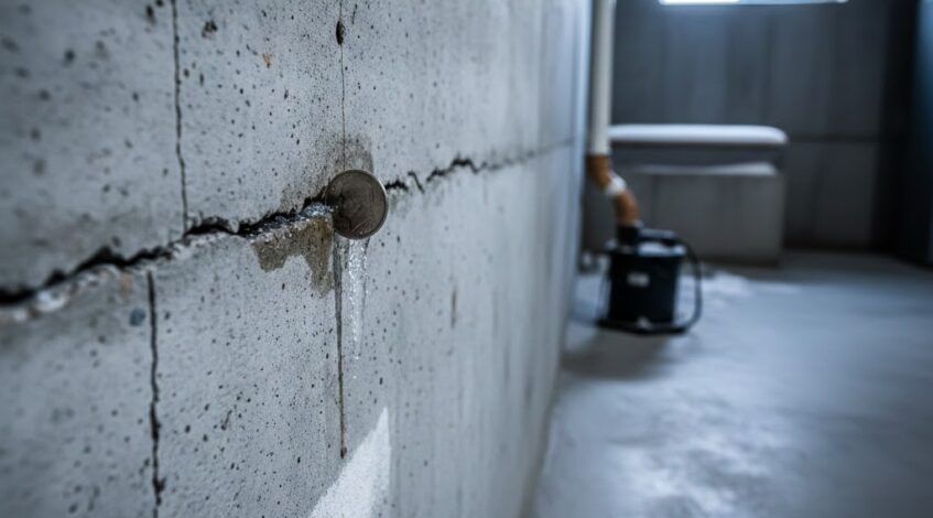 Horizontal foundation crack in a Calgary basement requiring structural repair.\