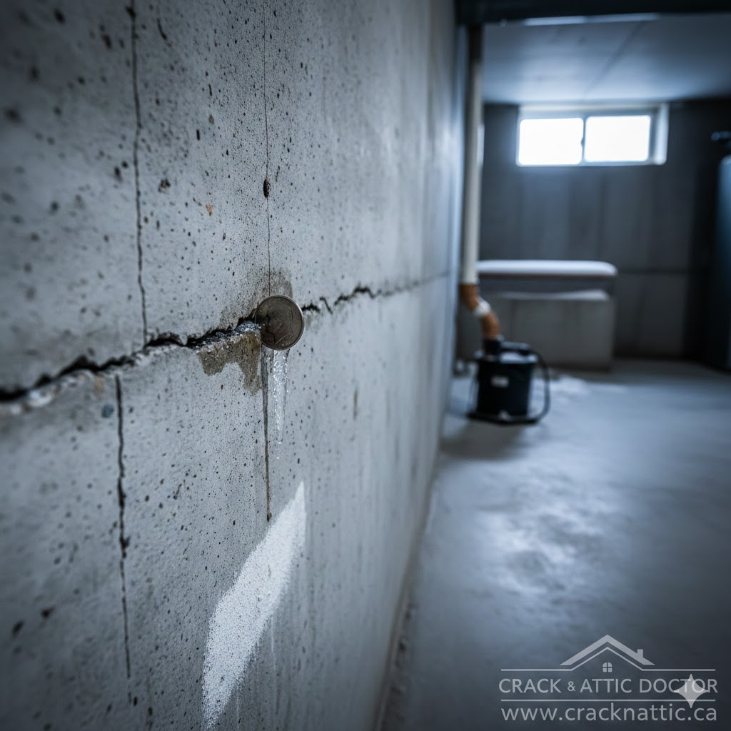 Horizontal foundation crack in a Calgary basement requiring structural repair.\