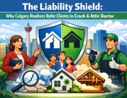 Professional contractor handing a certified repair report and warranty to a satisfied Calgary realtor.