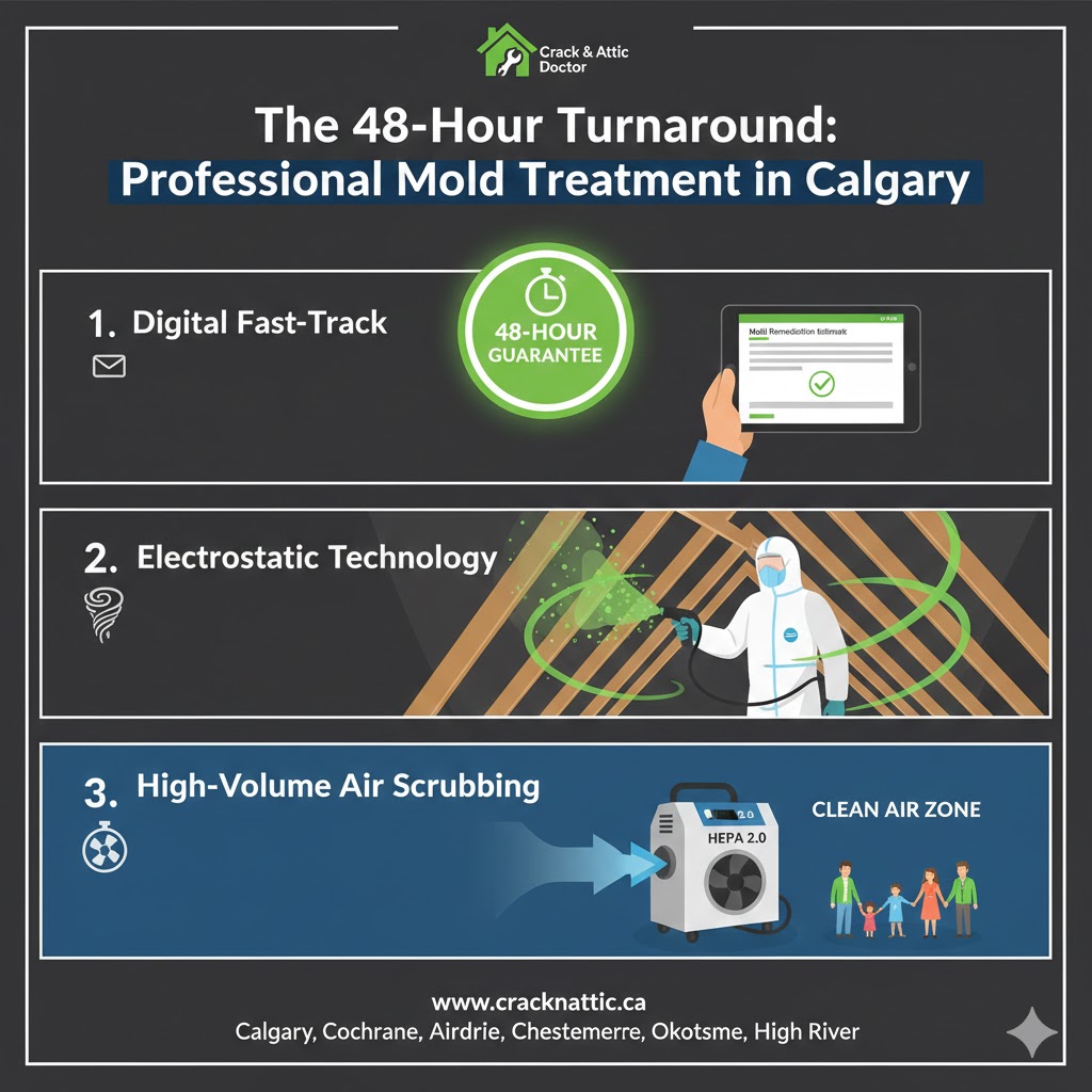 Professional mold remediation team in protective gear completing a 48-hour attic treatment in Calgary