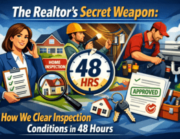 Realtor and contractor reviewing a home inspection report to clear attic mold conditions in Calgary.