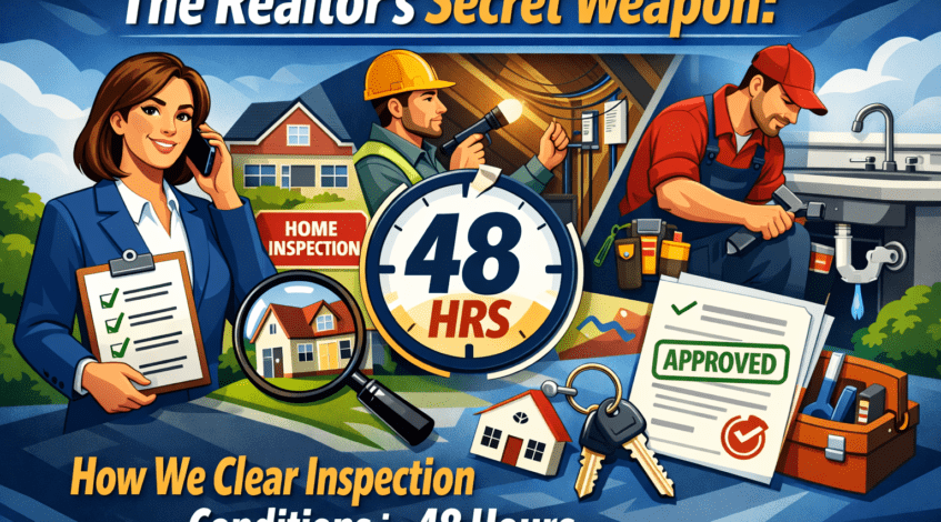 Realtor and contractor reviewing a home inspection report to clear attic mold conditions in Calgary.