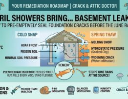 A Calgary homeowner inspecting a foundation crack during the spring thaw