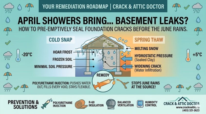 A Calgary homeowner inspecting a foundation crack during the spring thaw