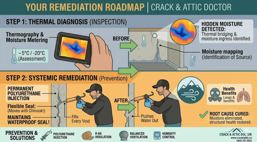 Crack & Attic Doctor specialist using thermal imaging to detect moisture behind a basement wall.