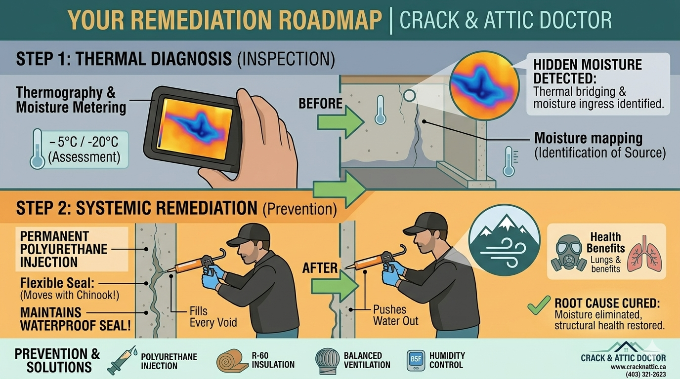 Crack & Attic Doctor specialist using thermal imaging to detect moisture behind a basement wall.