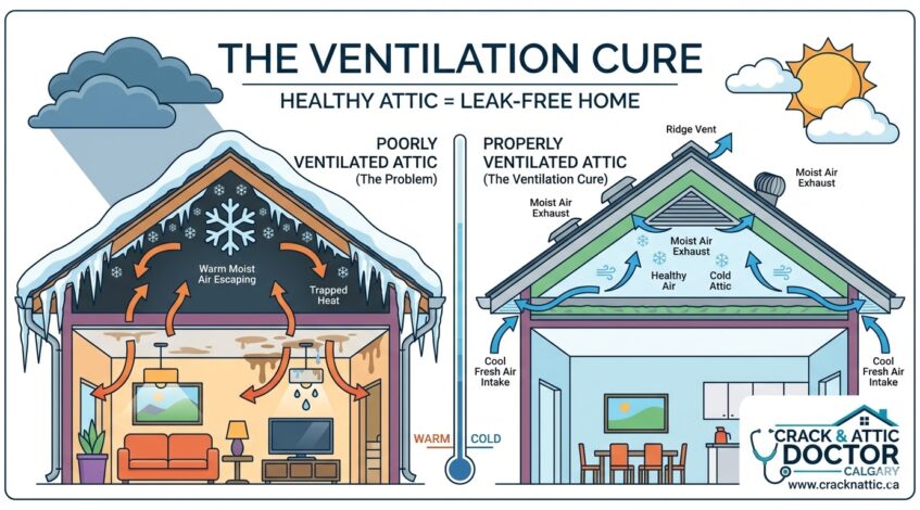 Frost buildup on Calgary roof deck caused by poor ventilation and attic rain