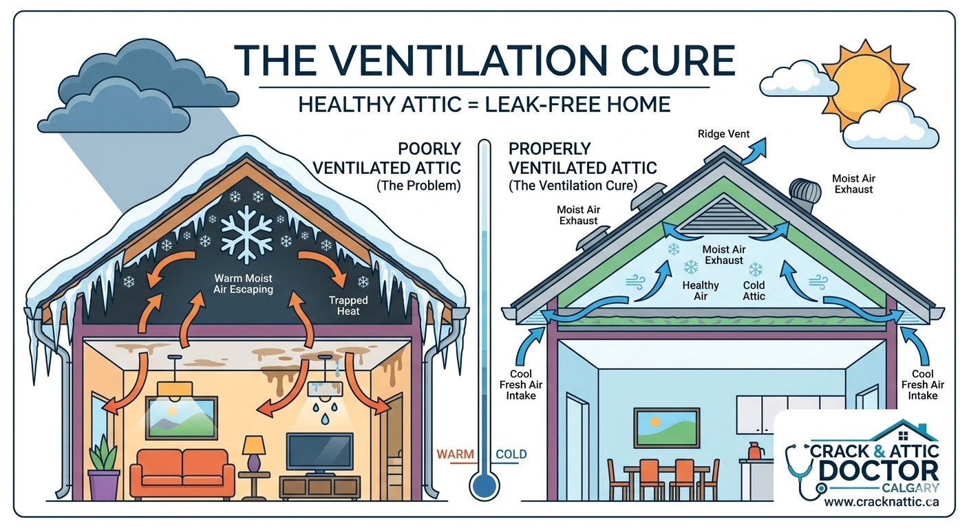 Frost buildup on Calgary roof deck caused by poor ventilation and attic rain