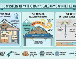 Hoar frost accumulation on the underside of a Calgary roof deck causing attic rain.