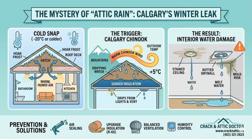 Hoar frost accumulation on the underside of a Calgary roof deck causing attic rain.