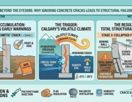 Horizontal foundation crack in a Calgary basement showing signs of structural bowing.