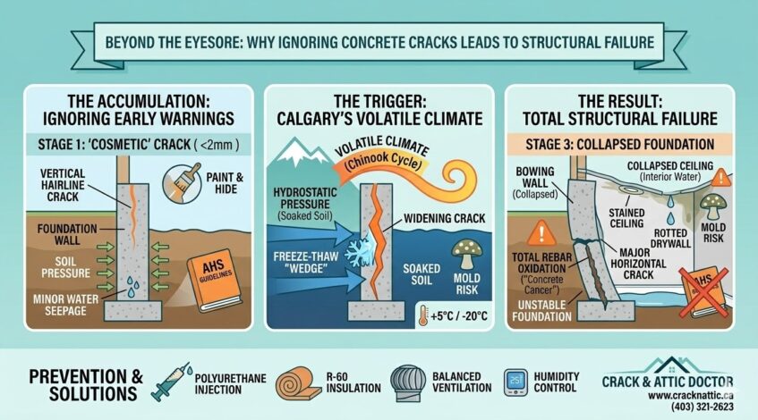 Horizontal foundation crack in a Calgary basement showing signs of structural bowing.