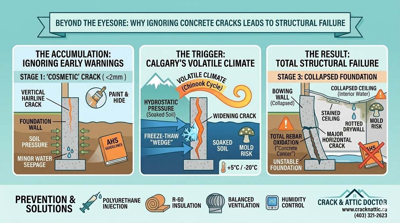 Horizontal foundation crack in a Calgary basement showing signs of structural bowing.